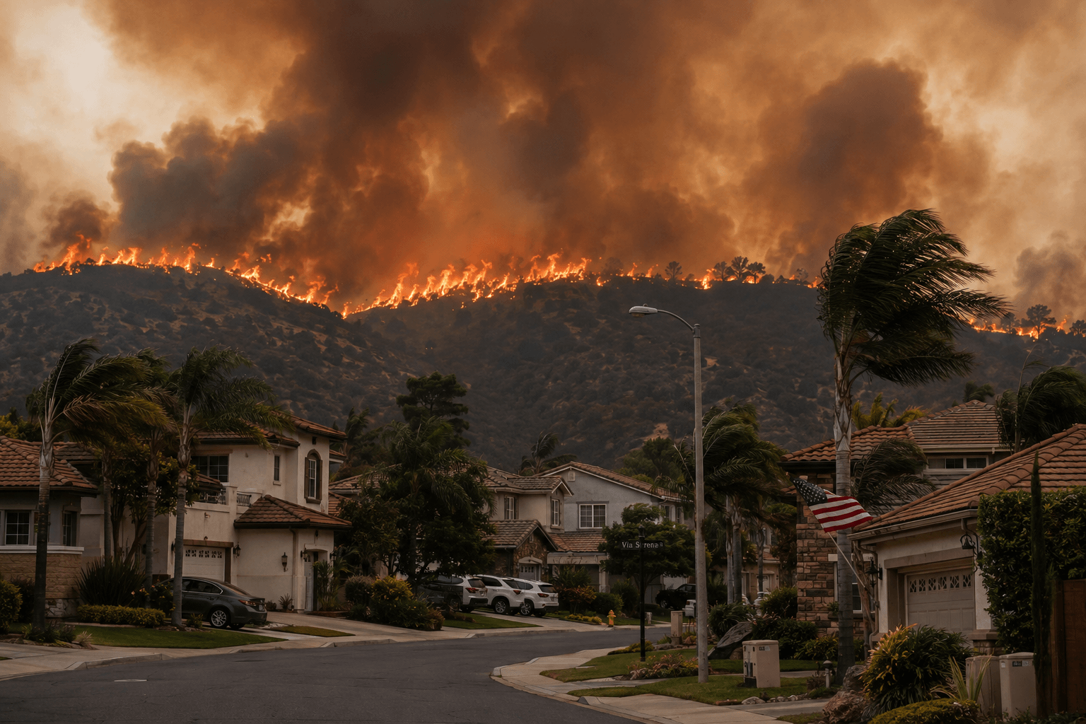 Wildfire approaching a residential community as strong winds spread flames and smoke across nearby hills